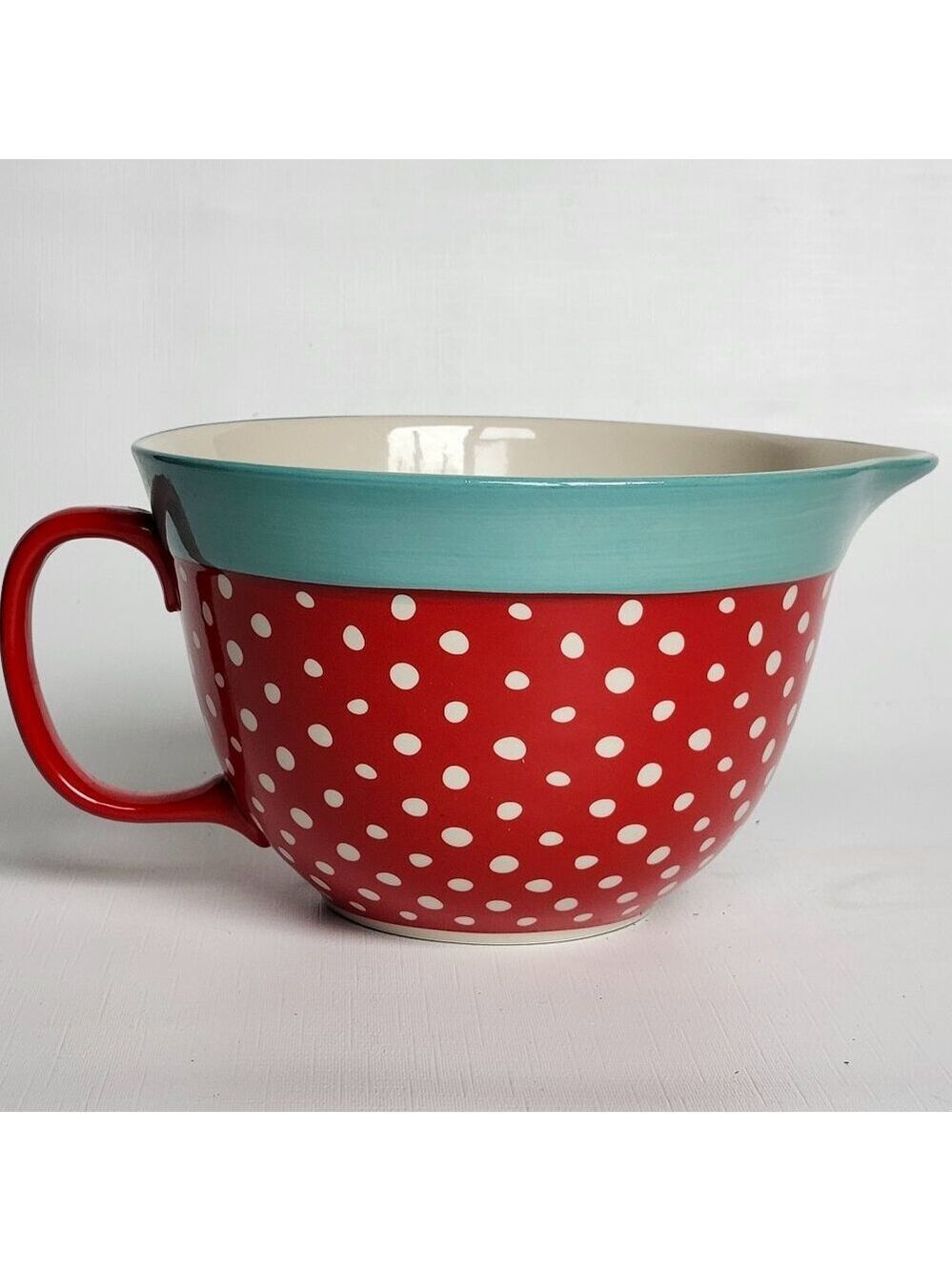 Pioneer Woman Batter Mixing Bowl Turquoise/Red Polka Dot Stoneware 2.83 QT Spout